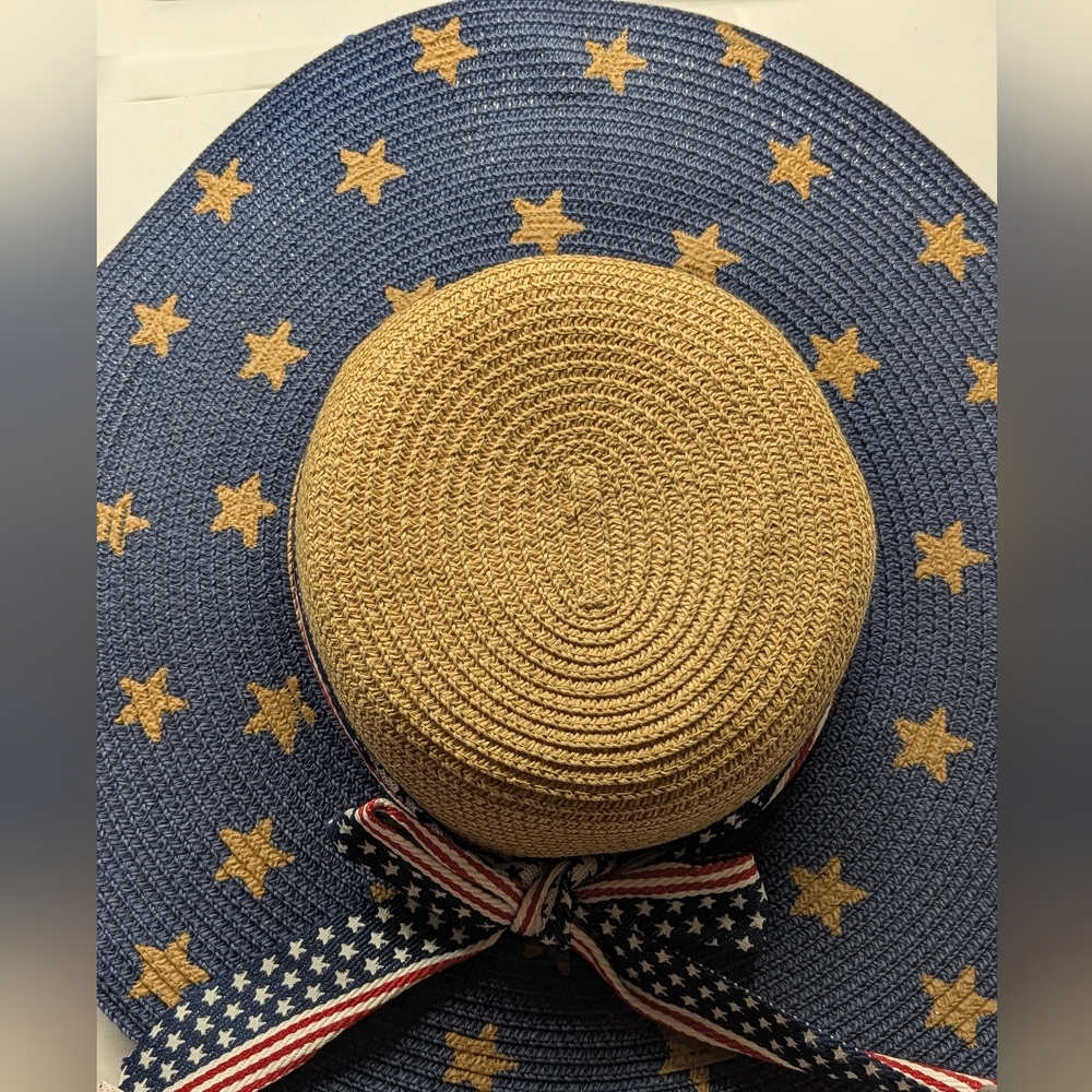 Stars And Stripes Floppy Wide Brim Hat Red White Blue Ribbon Adj Int Headband - Picture 6 of 7